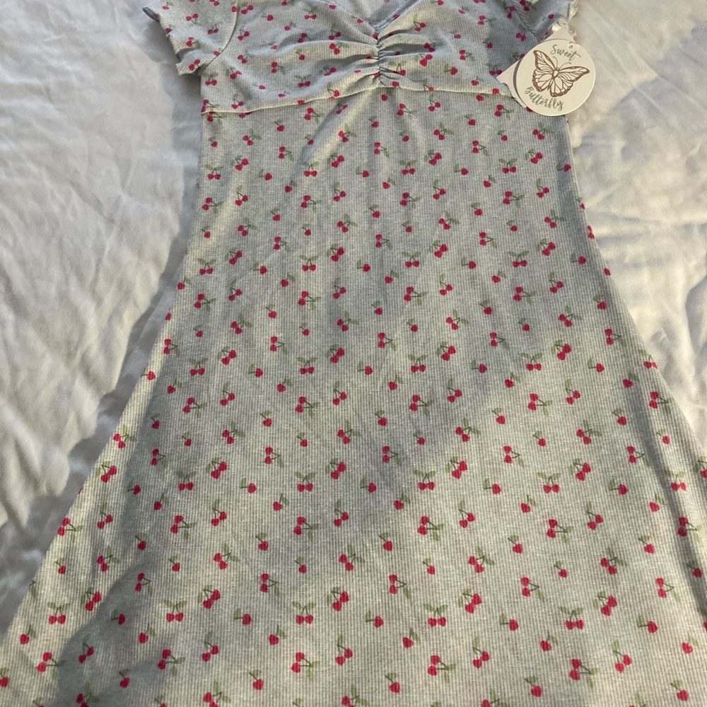 Gray Dress with Cherry Print and Heart Sunglasses - Picture 3 of 4